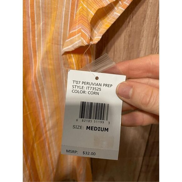 IZOD Medium NWT light summer blouse button up top shirt orange/yellow striped - Picture 3 of 7